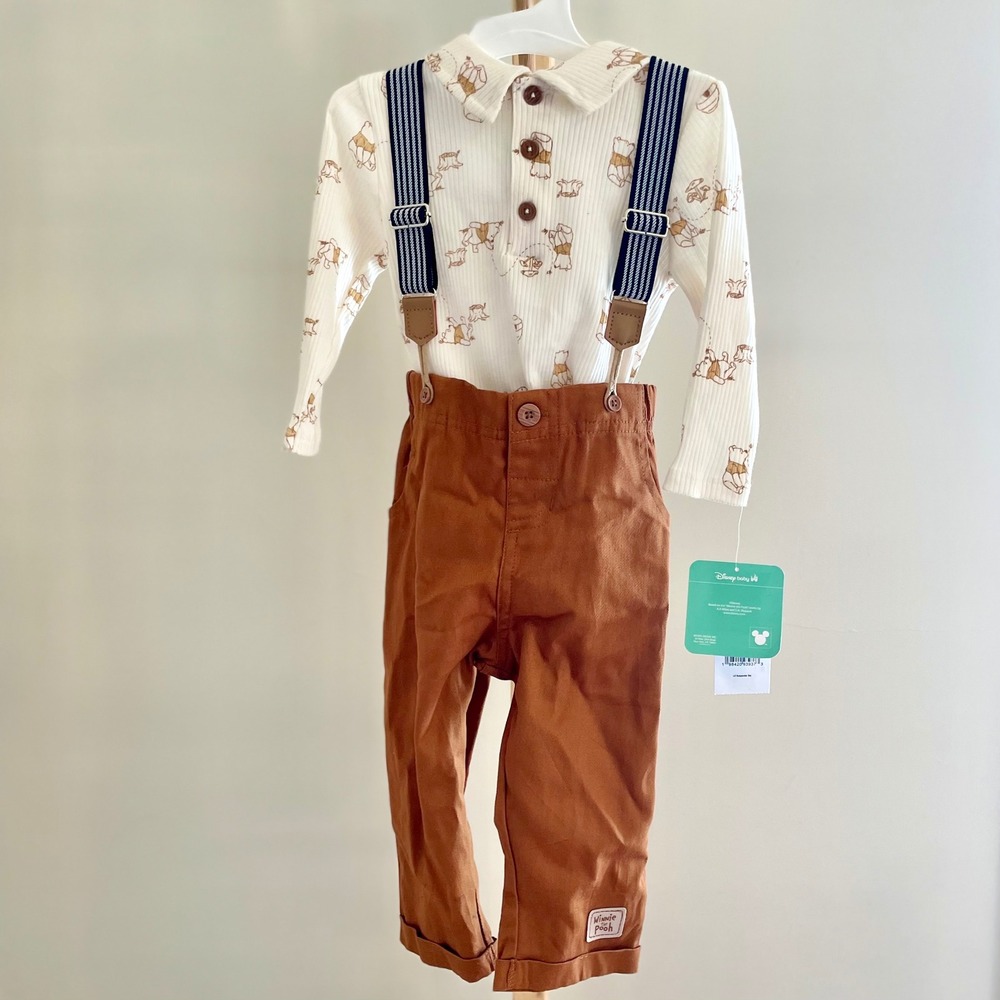 Disney‎ Baby Winnie the Pooh Bodysuit and Pants Set Suspenders Cream Rust 12M